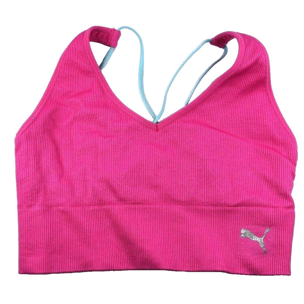 New Puma Women's Bralette Workout M Medium Pink Blue Bra Lounge Wire Free NWOT